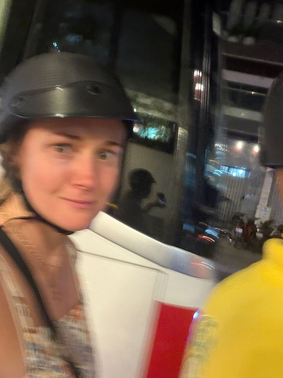 The face you make when you are sandwiched between a car and a bus that is speeding up next to you, less than an arm's distance away.