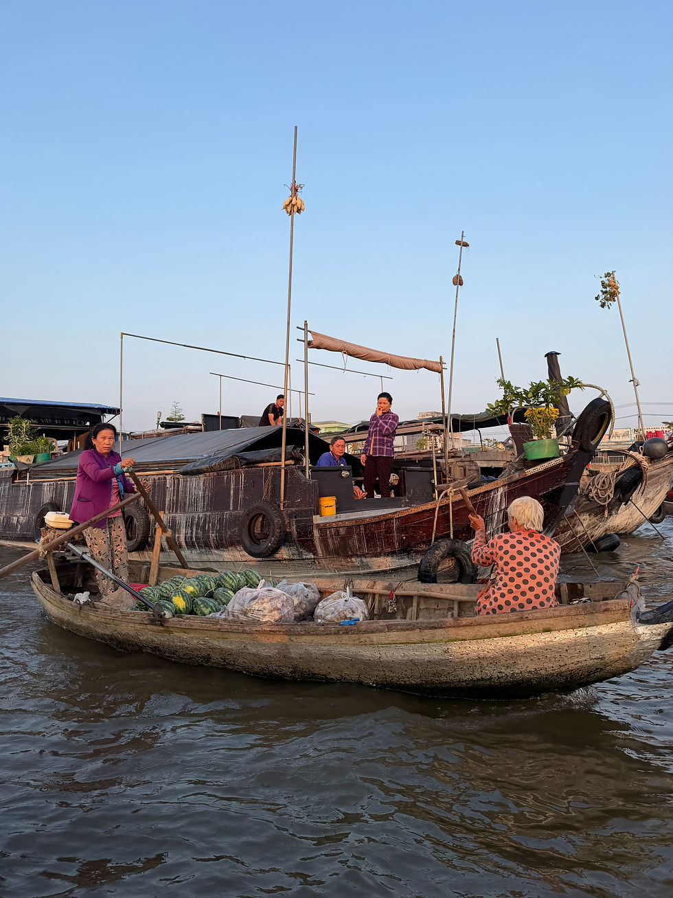 Fruit and veggies are hung from the bamboo on each selling boat. The smaller boat is making its rounds to pick up some produce.