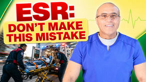 Cheerful doctor and ambulance workers rescuing patient with the words: ESR: Dont make this mistake written across the image