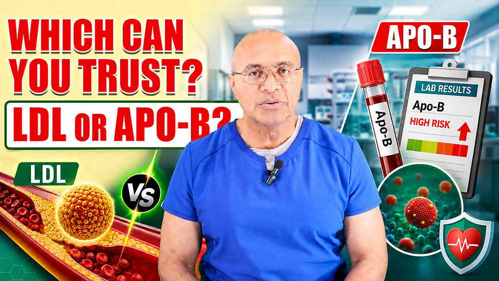 Doctor looking questioningly next to a sign with LDL or Apo-B?