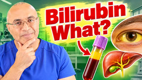 Doctor pondering a test tube with the words bilirubin what written across the image