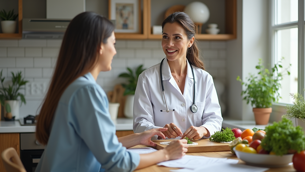 Eye-level view of a nutritionist discussing a meal plan with a client