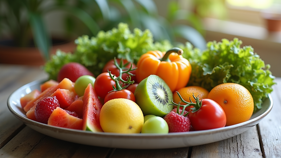 Close-up view of a colorful plate filled with fresh fruits and vegetables