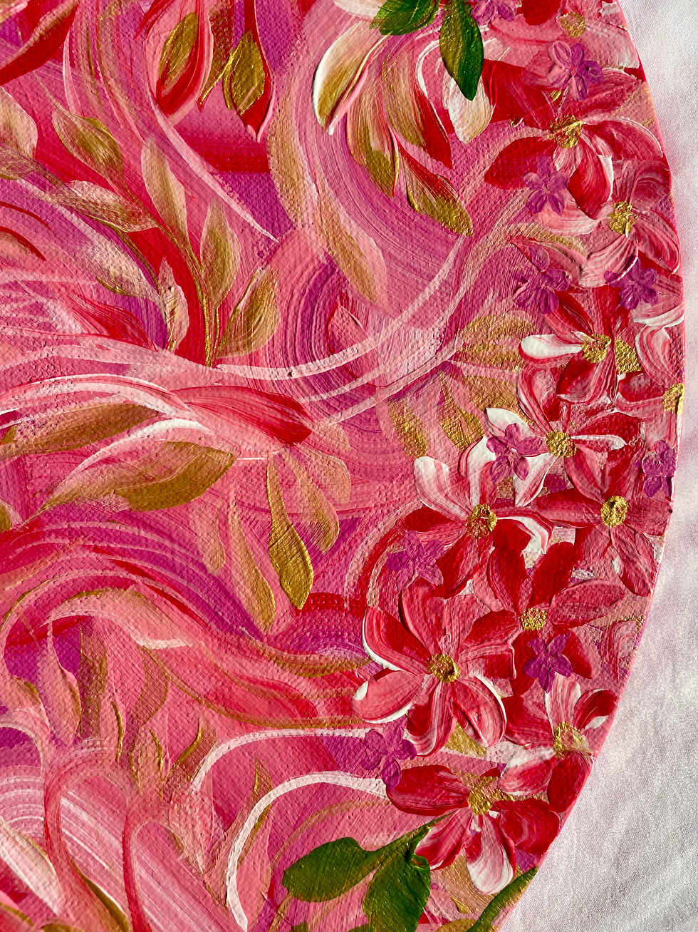 Thumbnail: Red, Pink, and Gold with Flowers- Acyrlic on Canvas