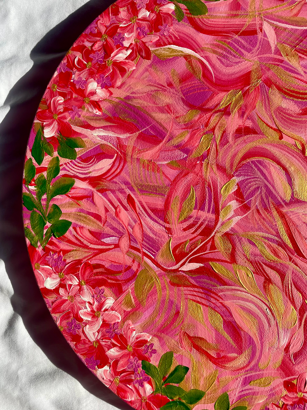 Thumbnail: Red, Pink, and Gold with Flowers- Acyrlic on Canvas