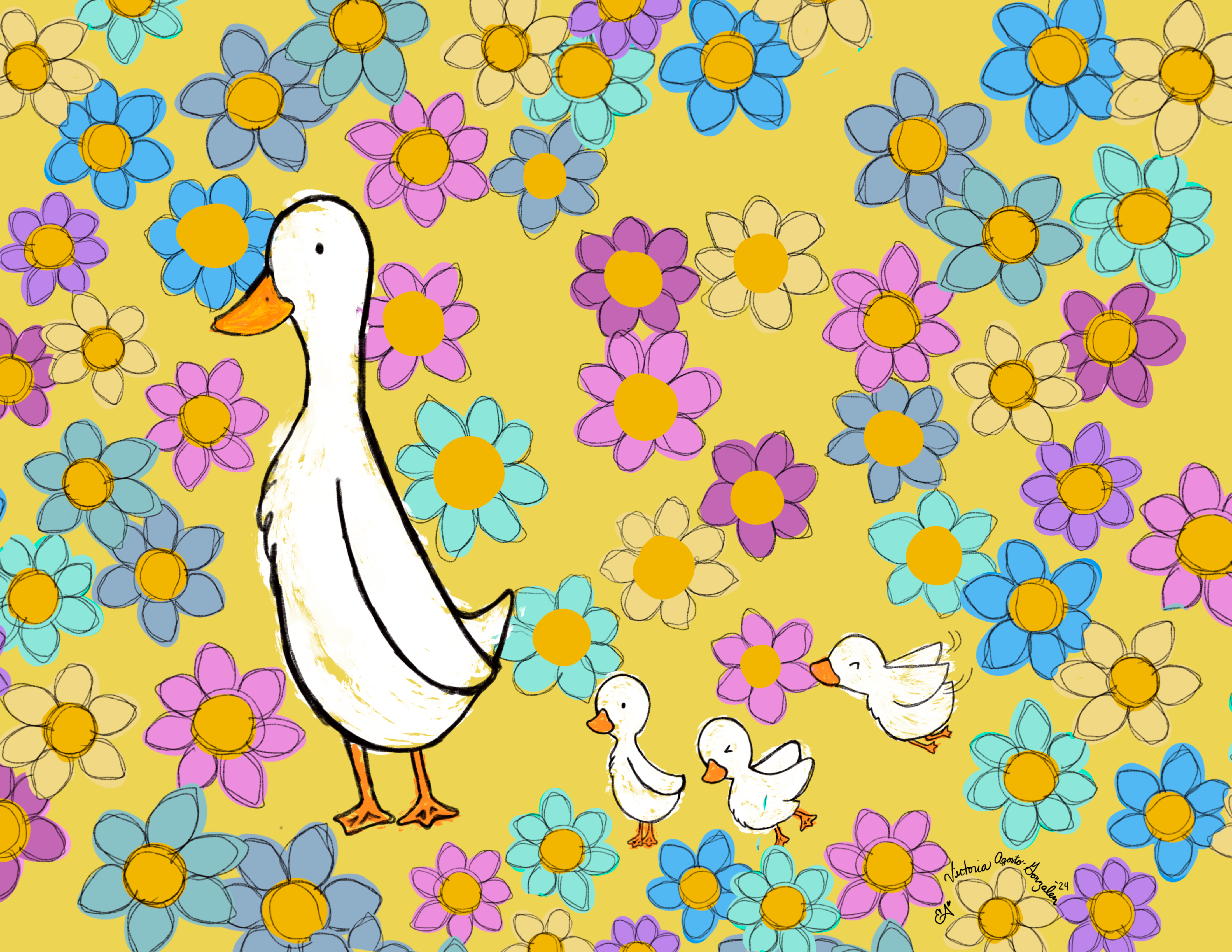 Duck with Ducklings Print - Floral