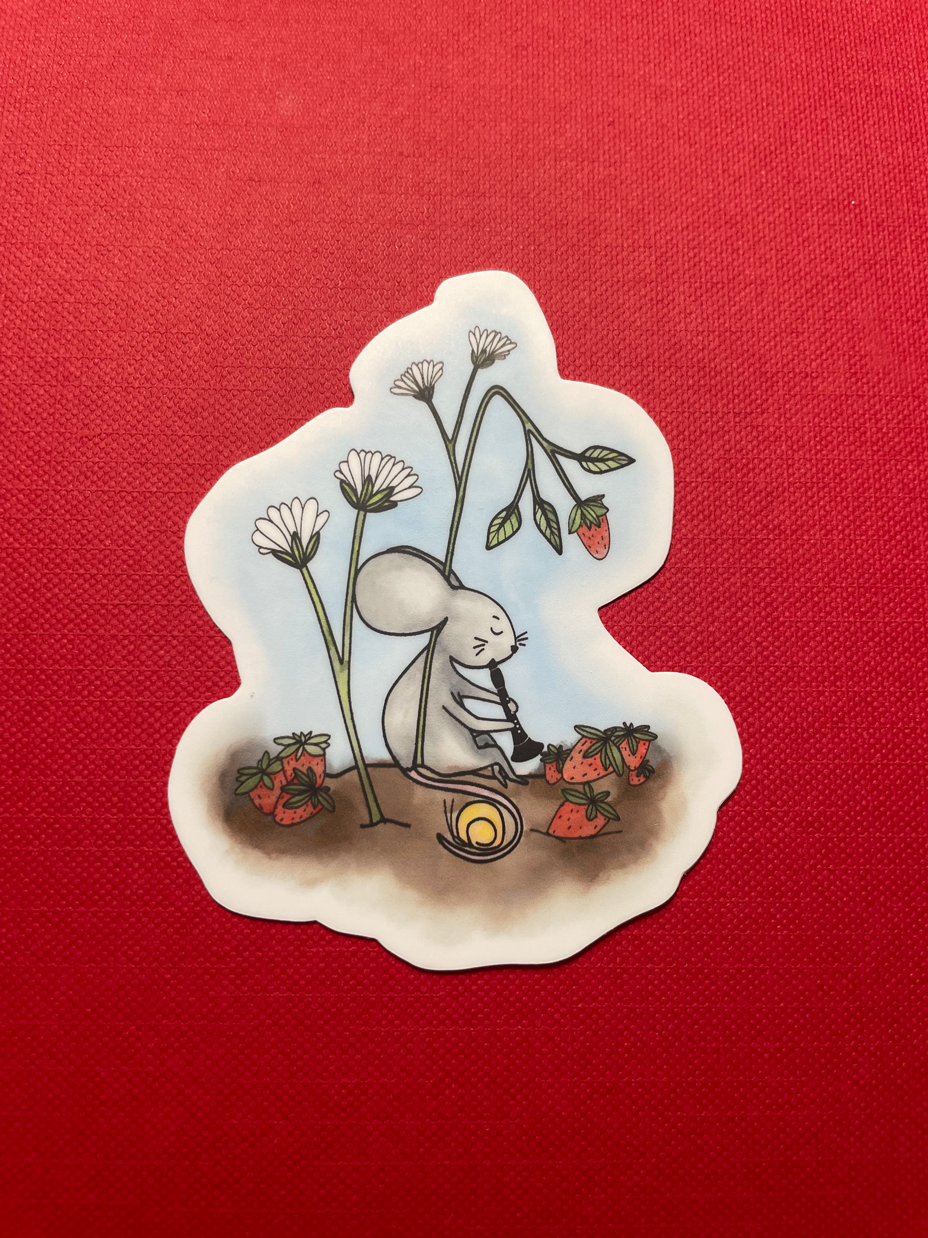 Mouse with Clairnet in Strawberry Plant Sticker