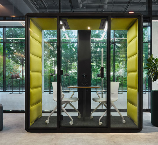acoustic pods with moveable furniture