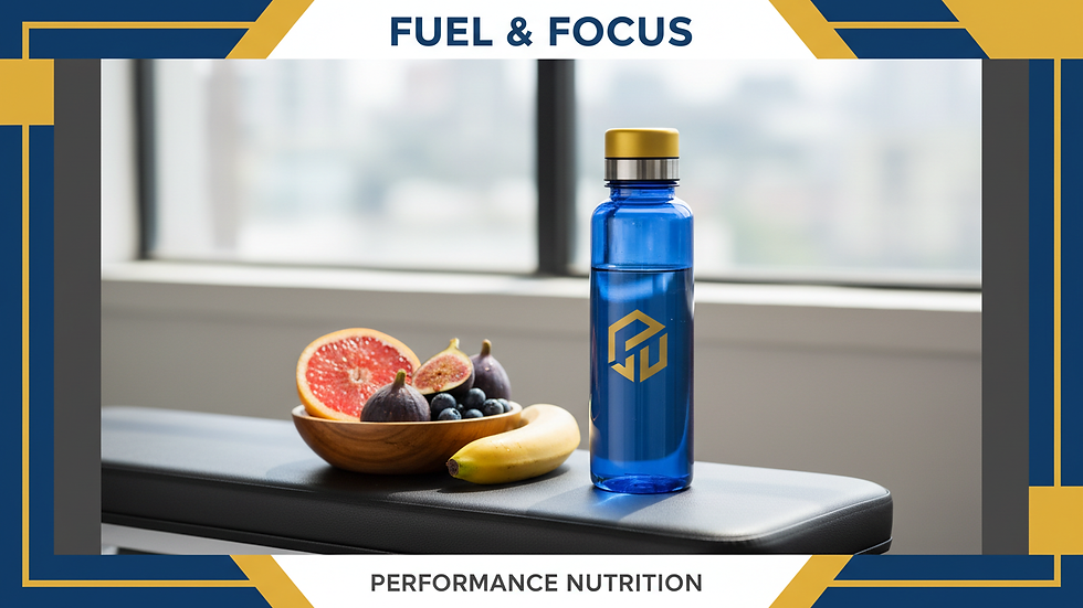 Eye-level view of a water bottle and fresh fruit on a gym bench