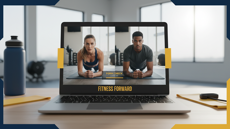 Eye-level view of a laptop showing a fitness coaching session