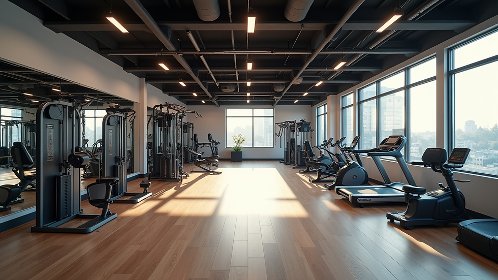 High angle view of a fitness studio with exercise equipment and open space
