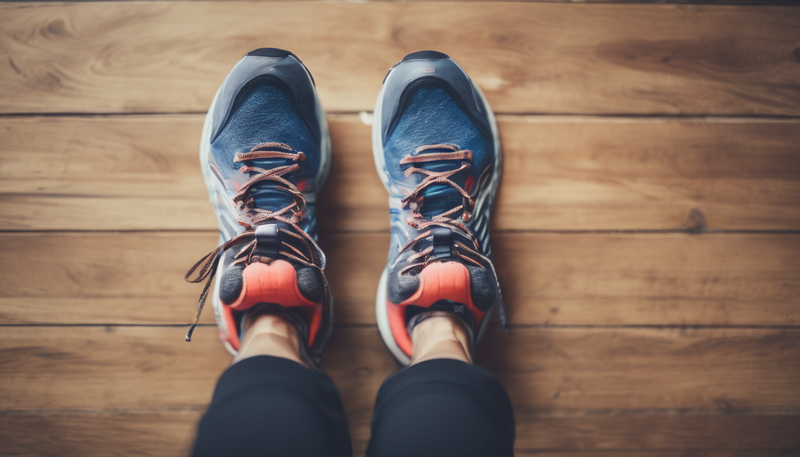 Person wearing running shoes on wooden floor; ready to exercise.