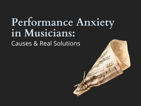 Text on dark background: "Performance Anxiety in Musicians: Causes & Real Solutions." Rolled sheet music tied with string on the right.