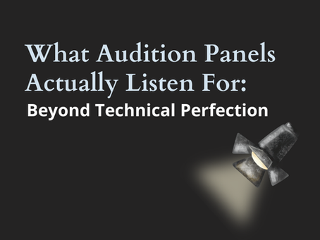 Text reads "What Audition Panels Actually Listen For: Beyond Technical Perfection" on black background, spotlight on right.