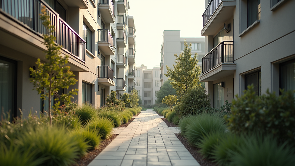 Eye-level view of a well-maintained apartment complex