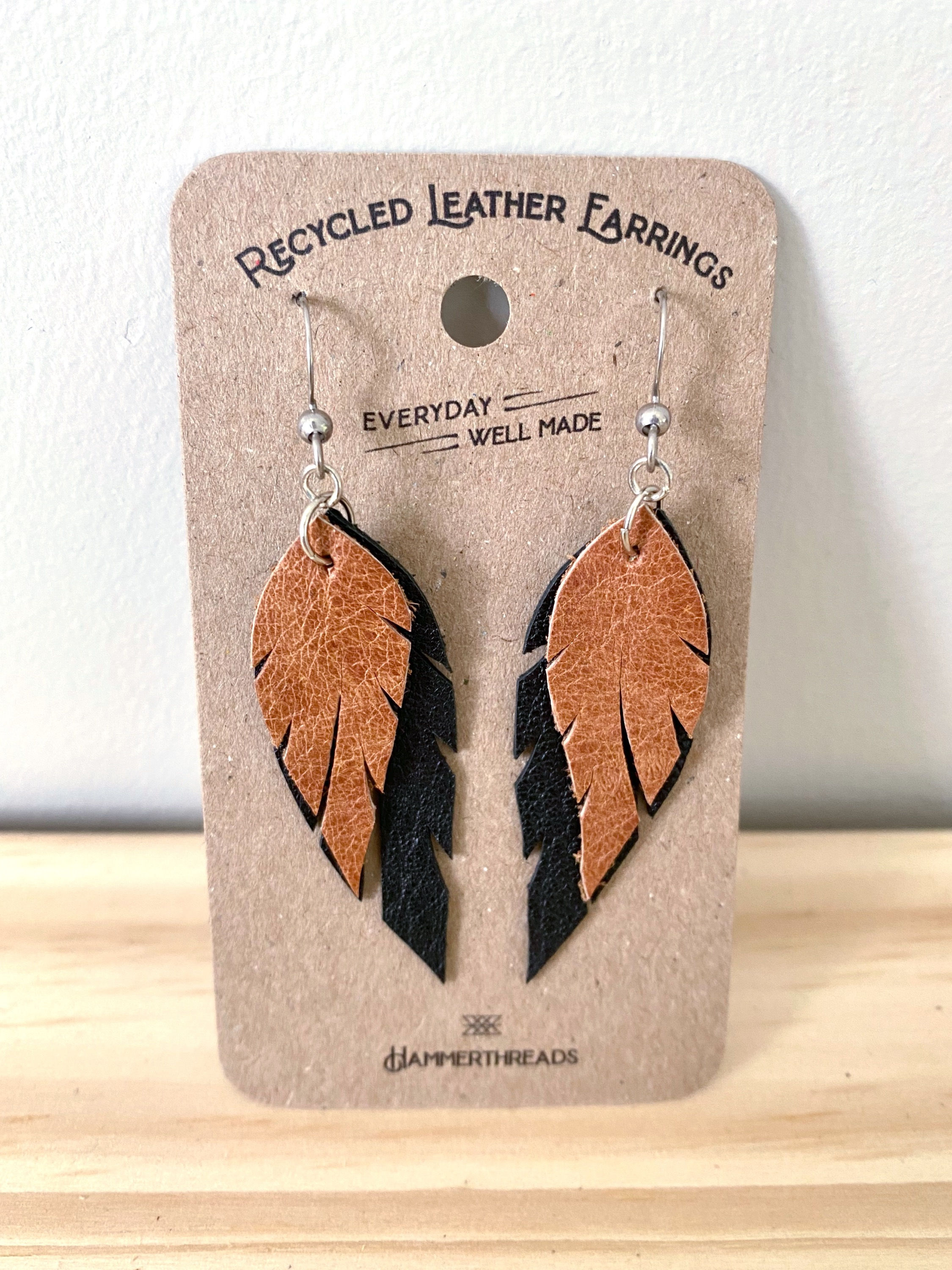 Leather Warm Brown + Black Feather Earrings | Hammerthreads