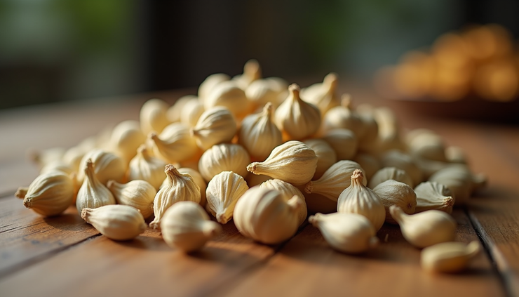 Close-up view of 8mm cardamom pods neatly arranged on a wooden surface