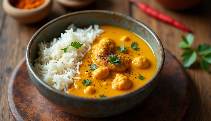 High angle view of a bowl of turmeric curry with rice and traditional Indian spices