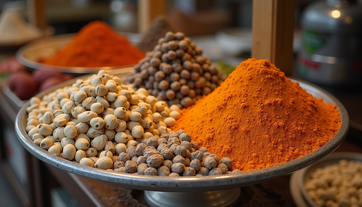 High angle view of a traditional spice market stall with nutmeg and mace displayed