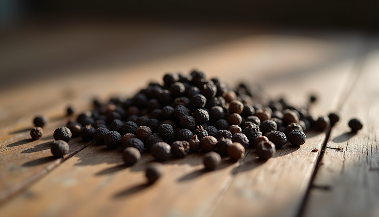 Close-up view of black peppercorns on a rustic wooden surface