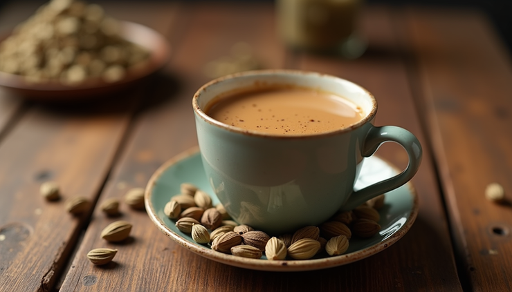 Eye-level view of a steaming cup of cardamom chai with 5mm pods on a cozy table