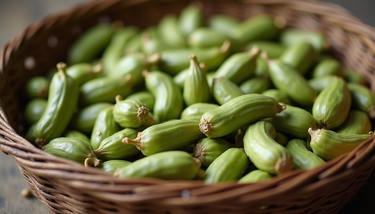 Eye-level view of fresh 7mm cardamom pods in a traditional drying basket