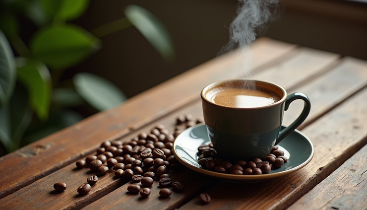 High angle view of steaming cup of Kerala coffee on wooden table with coffee beans