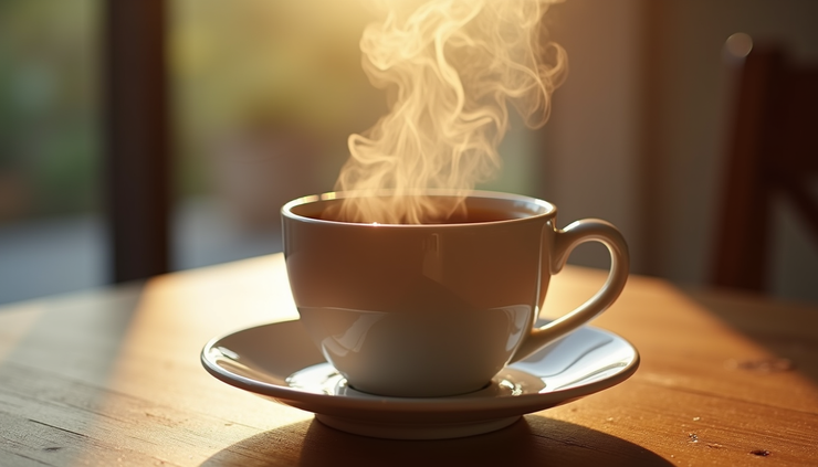 Close-up view of a steaming cup of black coffee on a wooden table