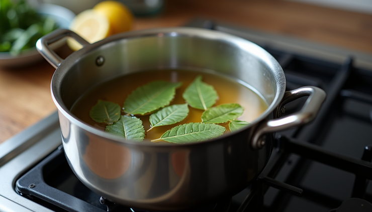 Eye-level view of a pot simmering with stock and bay leaves visible