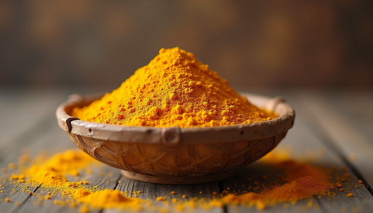 Eye-level view of a basket filled with bright golden Kerala turmeric powder