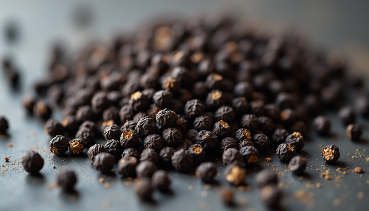 High angle view of dried black peppercorns spread out for quality inspection