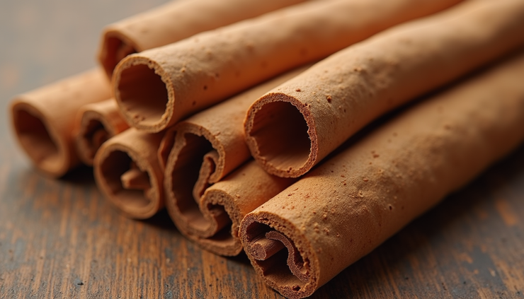 Close-up view of cinnamon stick layers showing texture and color variations