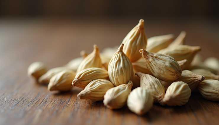 Close-up view of 7mm grade cardamom pods neatly arranged