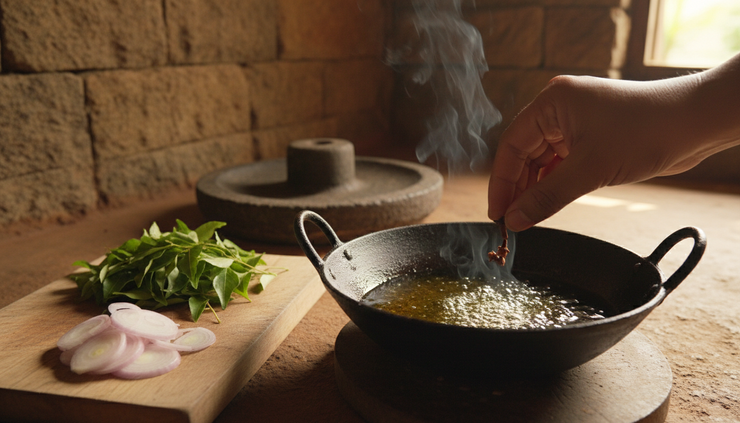 Eye-level view of cloves being added to hot oil in a Kerala kitchen