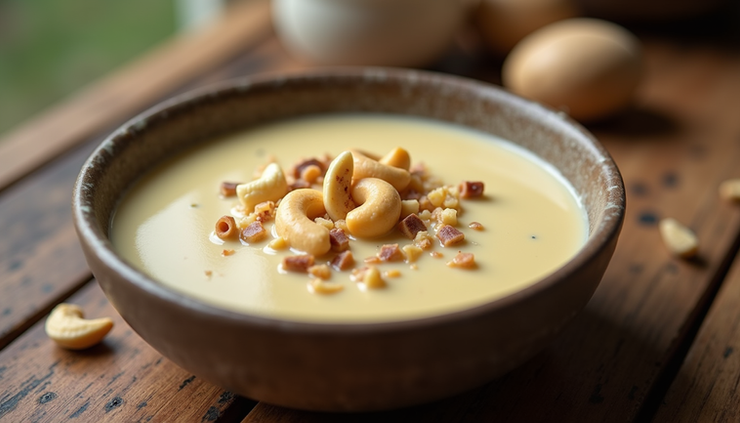 Eye-level view of a bowl of creamy cashew-based dessert topped with chopped nuts