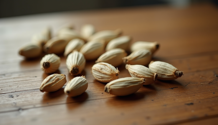 Close-up view of 8mm cardamom pods arranged on a wooden surface