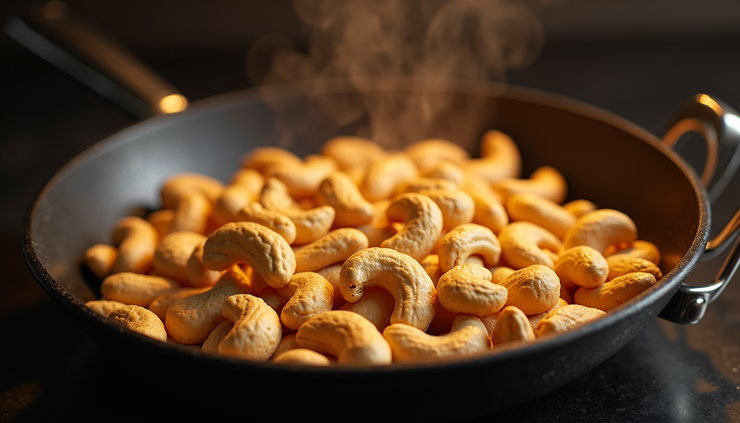 Eye-level view of a pan with roasting W400 cashews evenly spread out