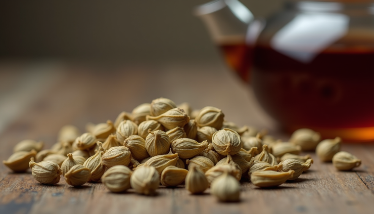 High angle view of a wooden spoon filled with crushed 5mm cardamom pods next to a teapot