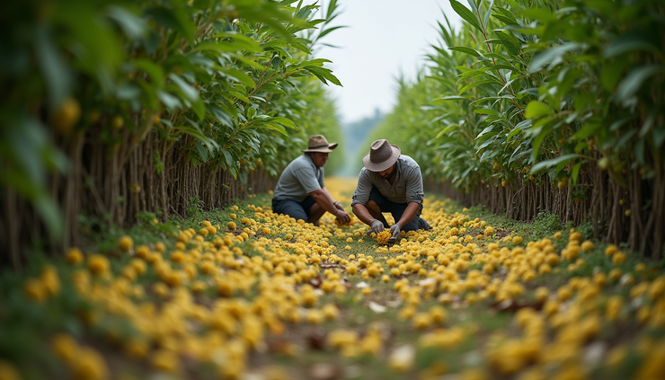 Eye-level view of workers harvesting clove flower buds from tropical trees