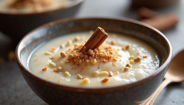 Eye-level view of a bowl of rice pudding garnished with crushed cardamom pods and cinnamon sticks
