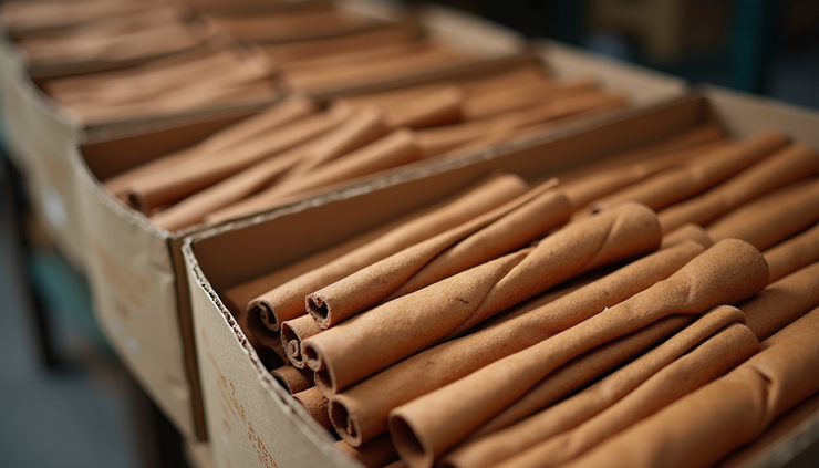 High angle view of packaged cinnamon quills ready for export in Kerala