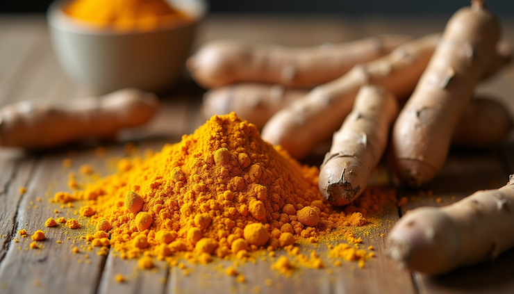Close-up view of turmeric roots and powder on a rustic wooden surface
