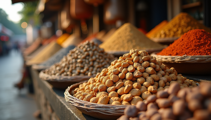 Eye-level view of a Kerala spice market stall displaying dried nutmeg and mace