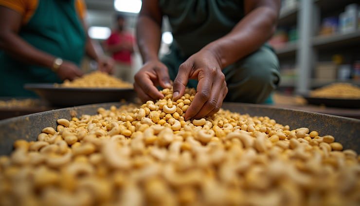 Eye-level view of workers sorting cashew kernels in a Kerala processing unit