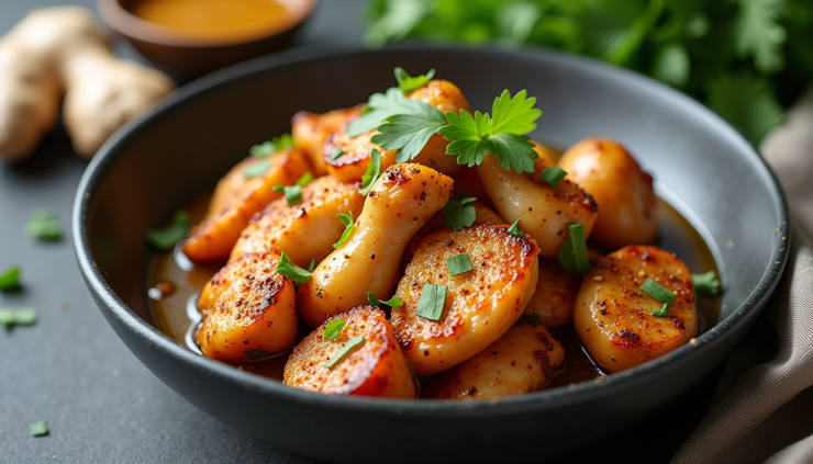 High angle view of a bowl of marinated chicken with ginger powder and herbs