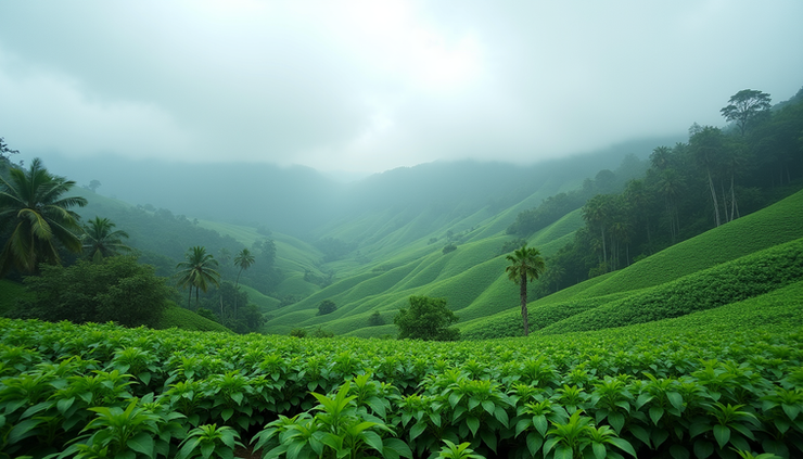Eye-level view of cardamom plantations in Kerala’s Western Ghats with misty hills in the background