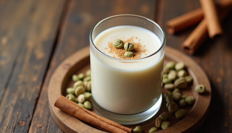 High angle view of a glass of cardamom milk with cardamom pods and a cinnamon stick on a rustic wooden surface