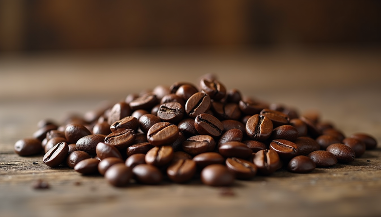 Close-up view of roasted coffee beans with cardamom pods on a wooden surface