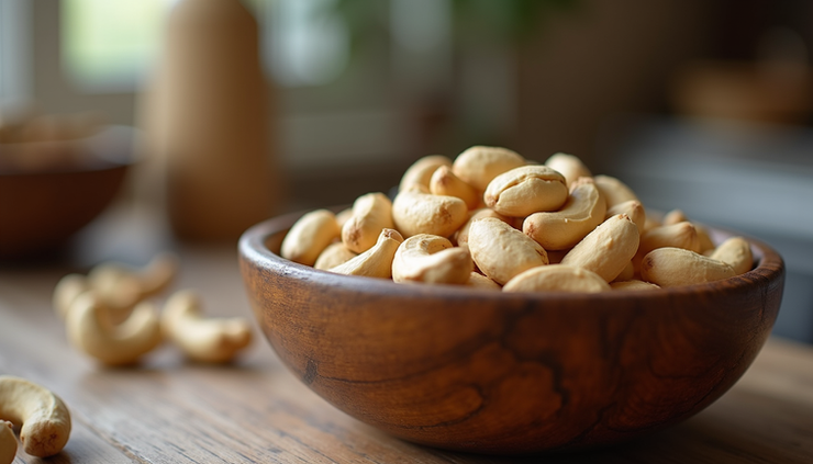 Close-up view of Cashew W240 nuts in a wooden bowl