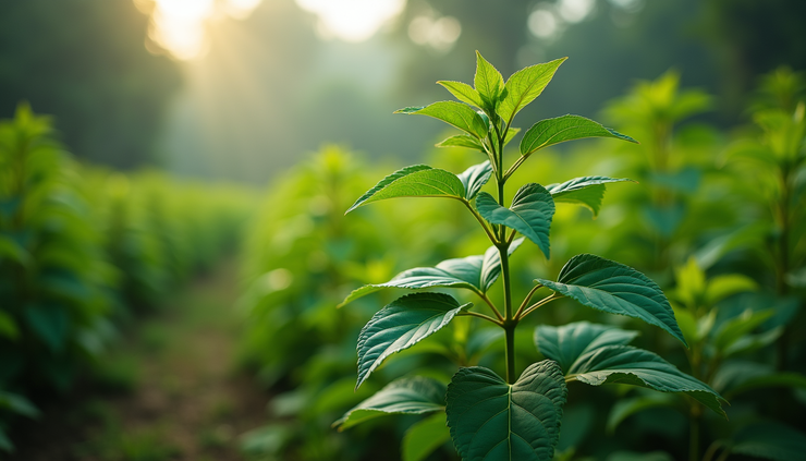 Eye-level view of lush cardamom plants growing under shade in Kerala hills